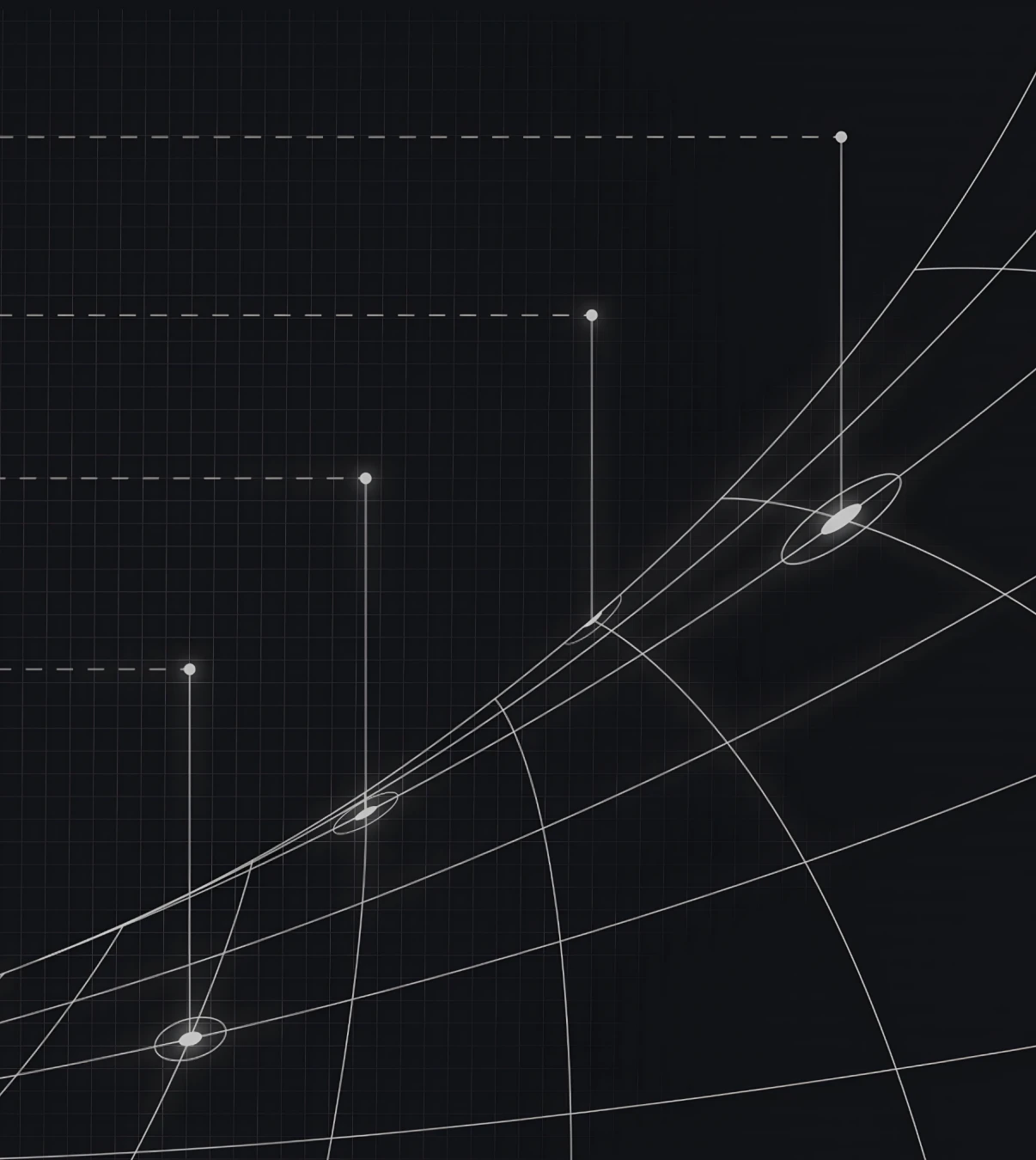 Grid visualization with vertical data points mapped along a curved global surface.