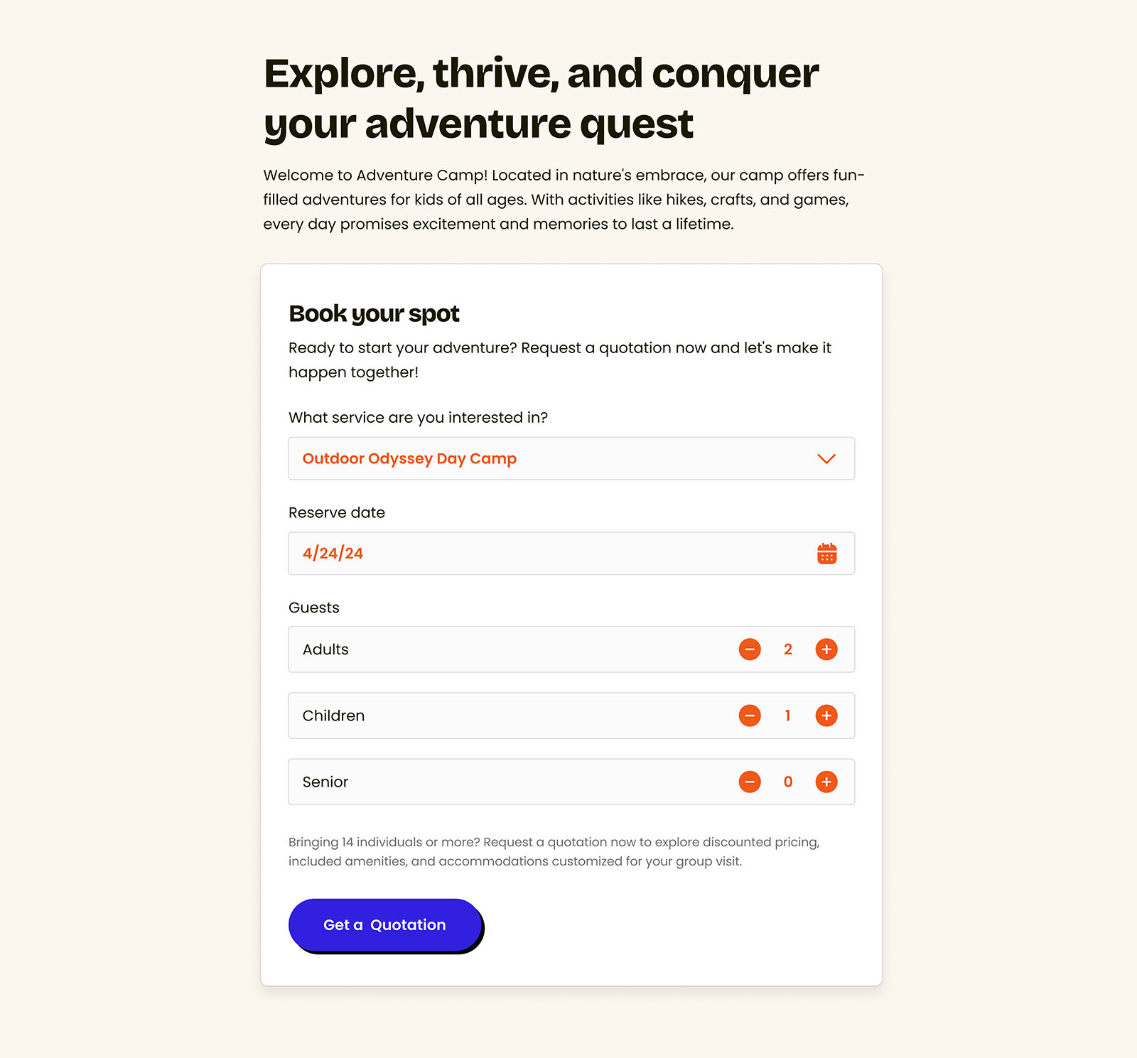 Adventure camp quotation form 