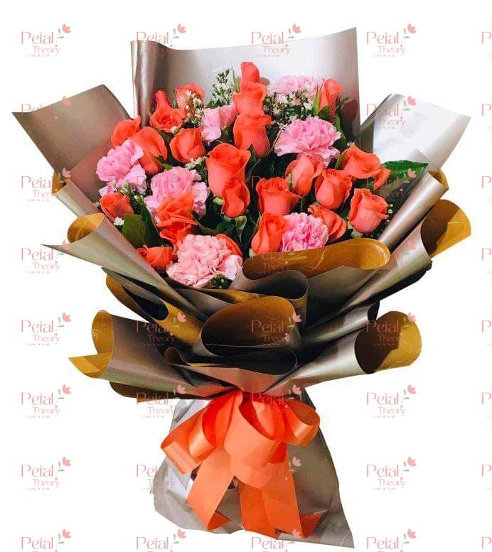24pcs Orange Rose & 10 Pink Carnation In a Bouquet