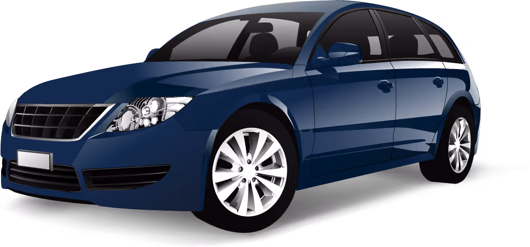 Blue modern sedan car with reflective windows and silver alloy wheels.