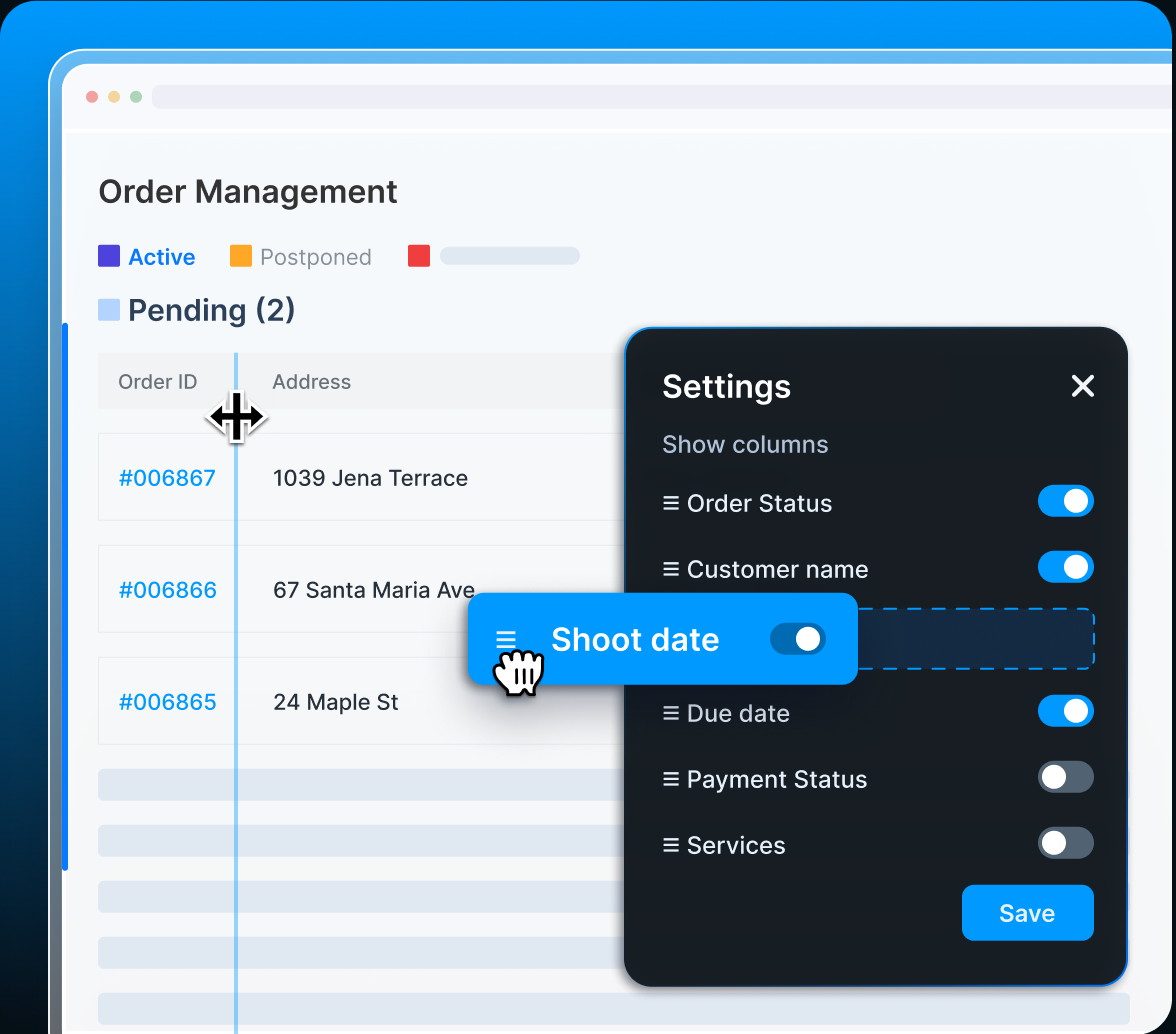 Board settings for choosing and ordering columns