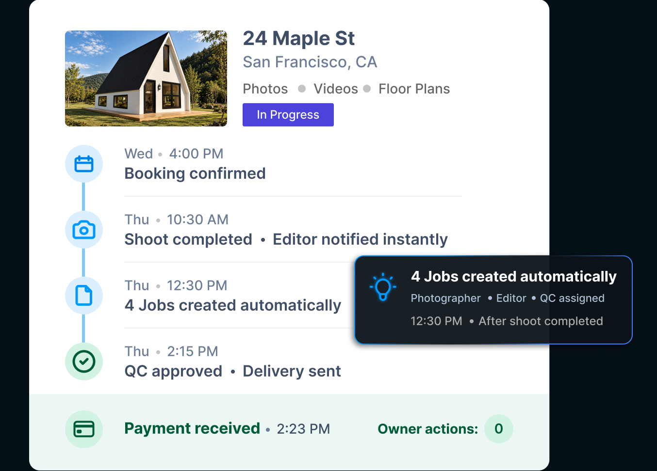 Order timeline from booking confirmed to payment received