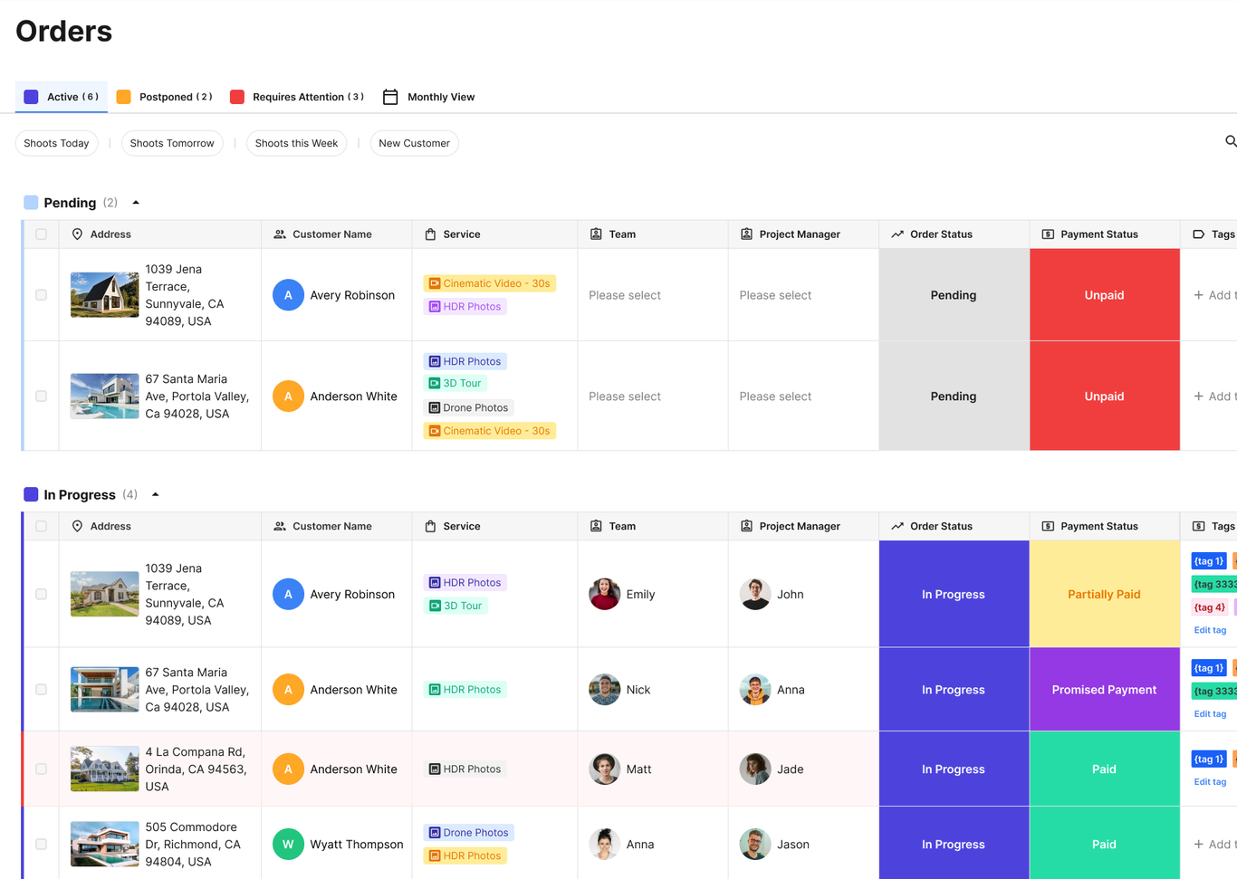 Tonomo orders board showing every order with its services, team and status