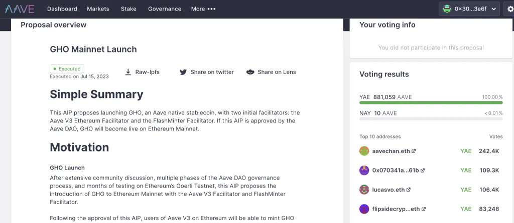 gho stablecoin proposal in ethereum mainnet
