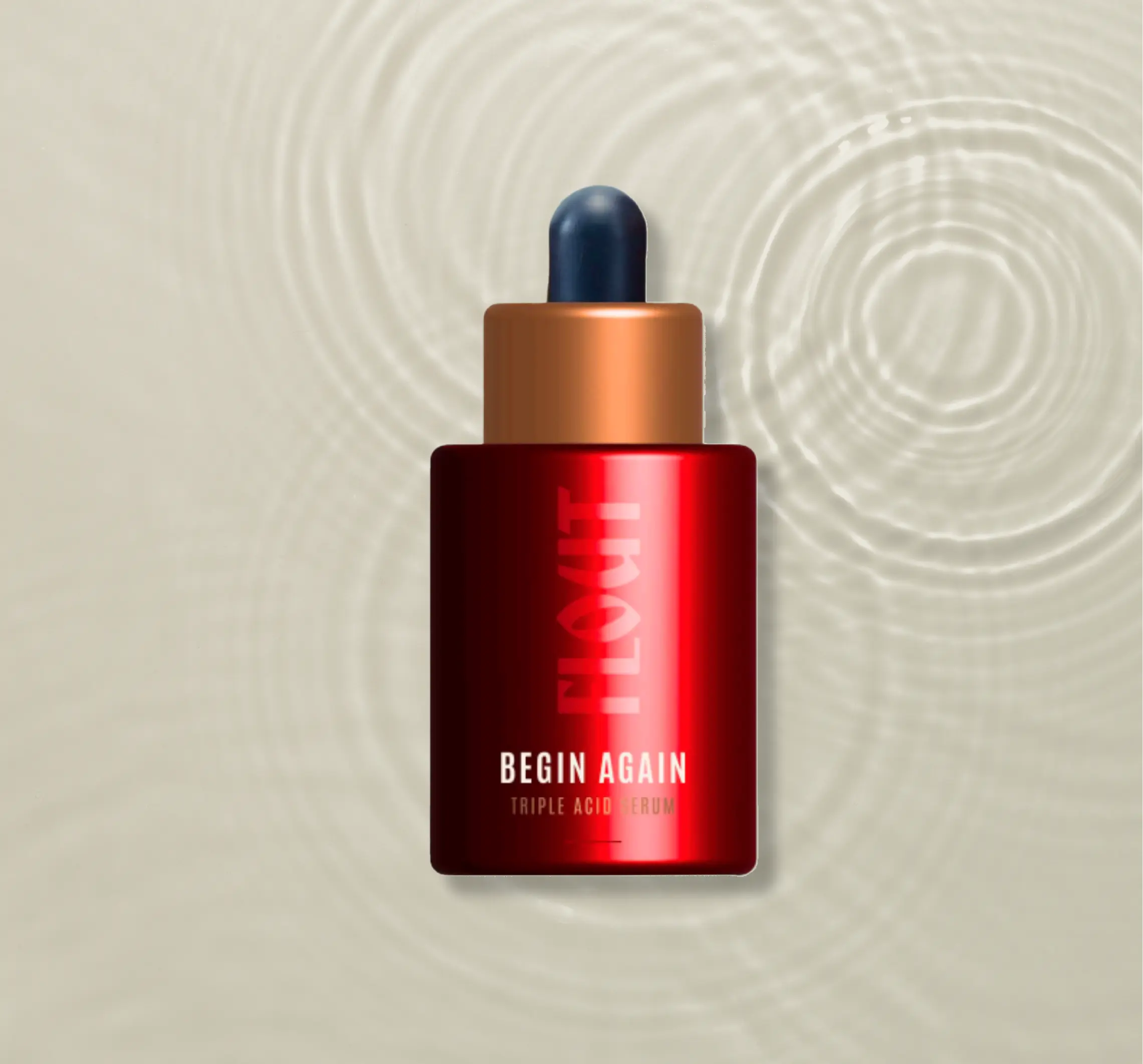 Red bottle of Begin Again Triple Acid Serum with a dropper cap on a rippled water surface background.