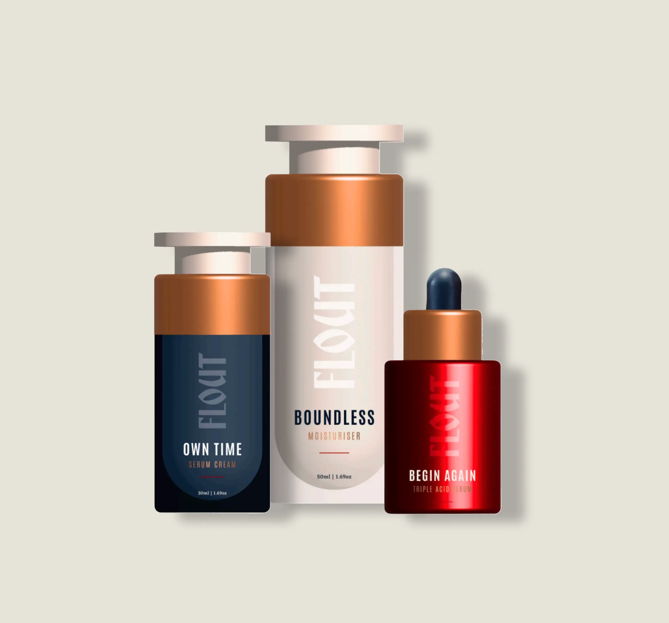 Three FL_OUT skincare product bottles with copper-colored caps on a light background, including Own Time serum cream, Boundless moisturizer, and Begin Again triple acid serum.