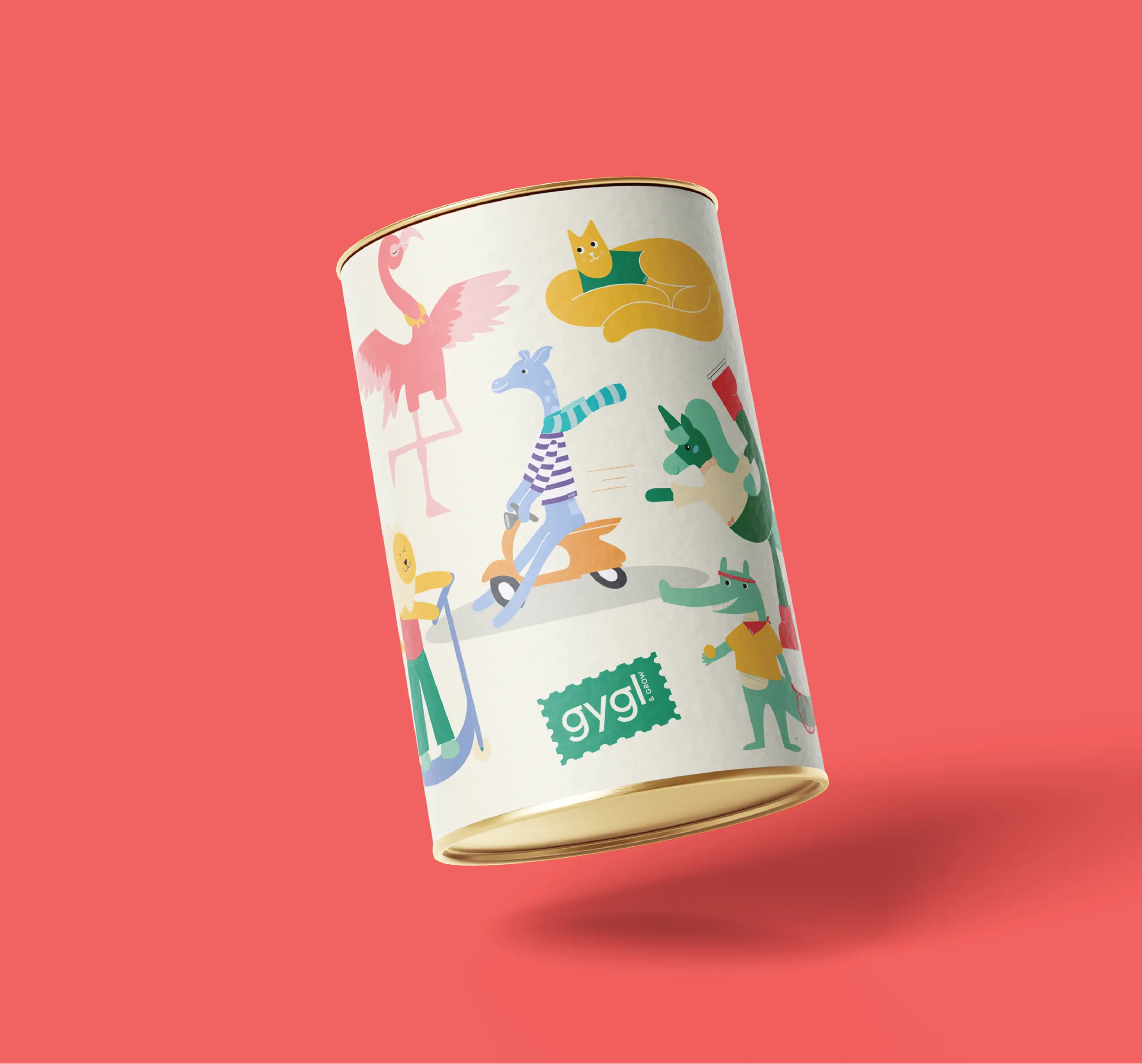 White cylindrical container decorated with colorful cartoon animals including a flamingo, giraffe on a scooter, cat, and alligator on a red background.