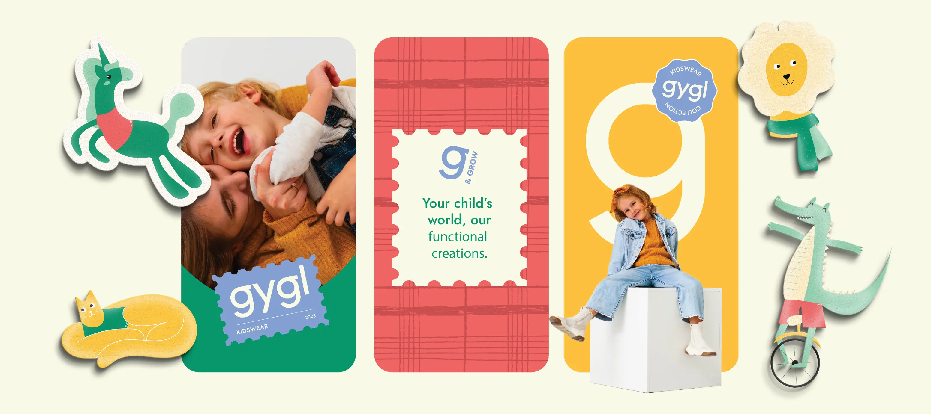 Collage with a laughing child hugging an adult, a message saying 'Your child’s world, our functional creations,' a girl sitting on a white cube, and playful animal illustrations.