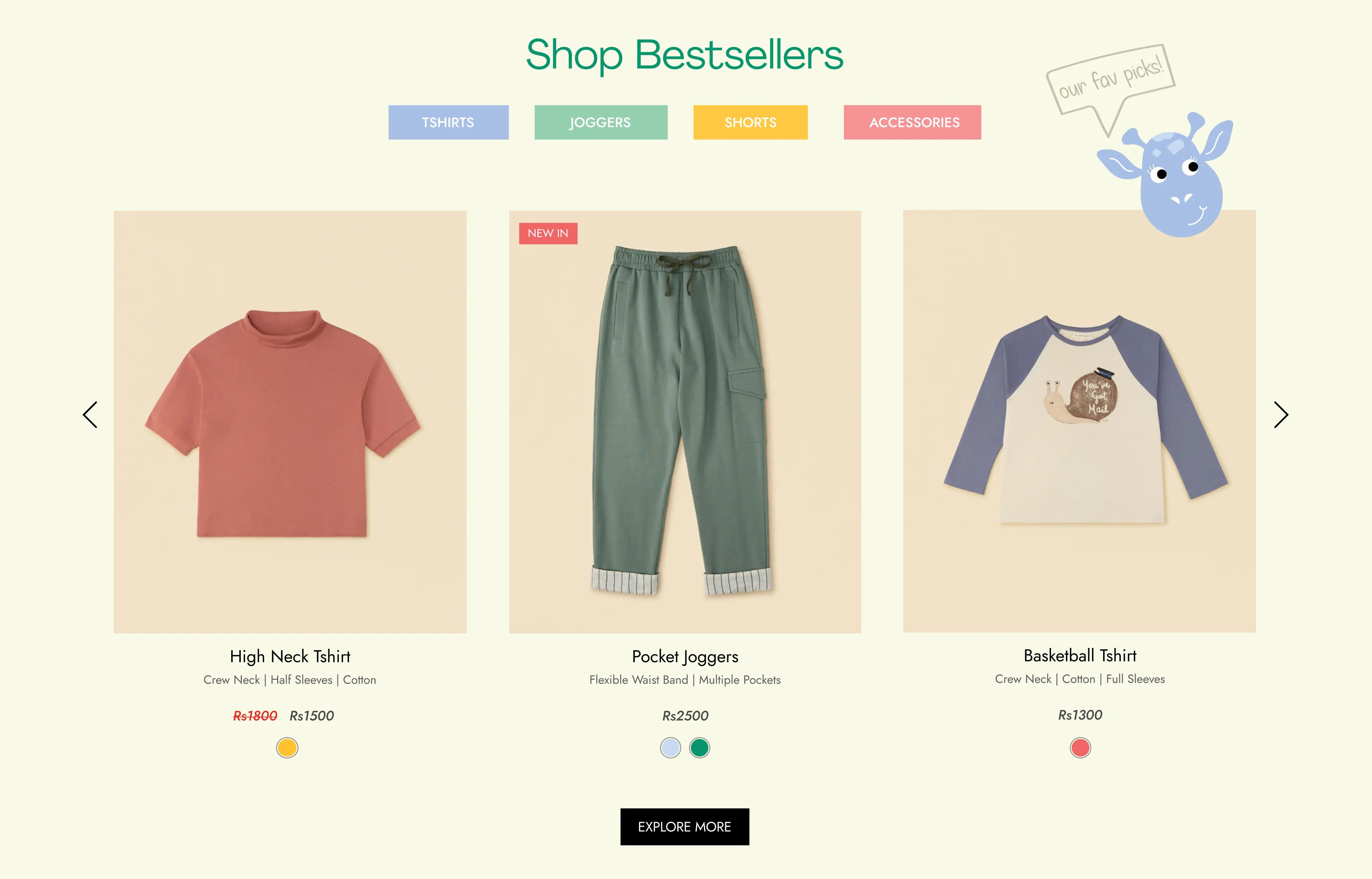 Online shop page showing bestsellers: a rust-colored high neck tshirt, green pocket joggers labeled new, and a cream and blue baseball tshirt with a snail graphic.