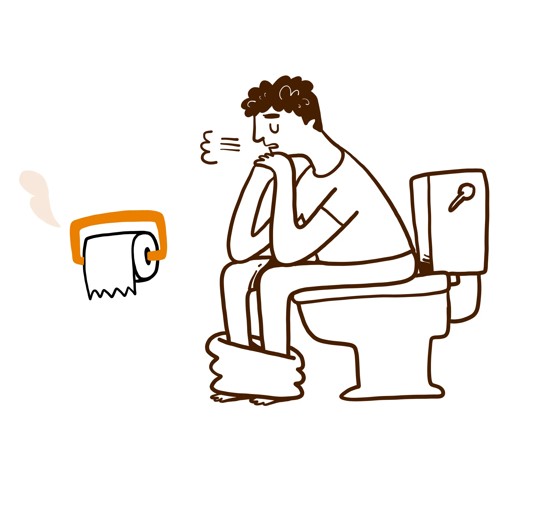 Illustration of a man sitting on a toilet appearing constipated or unwell with toilet paper on a holder nearby.