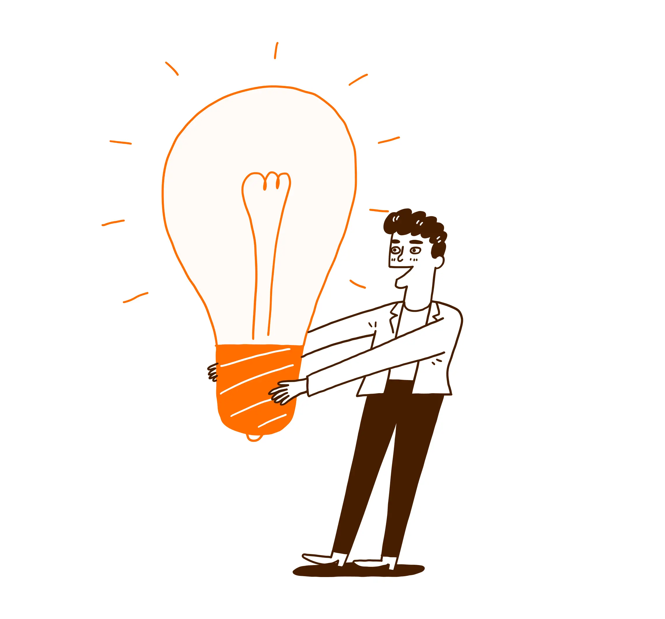 Cartoon man holding a large illuminated light bulb symbolizing an idea.