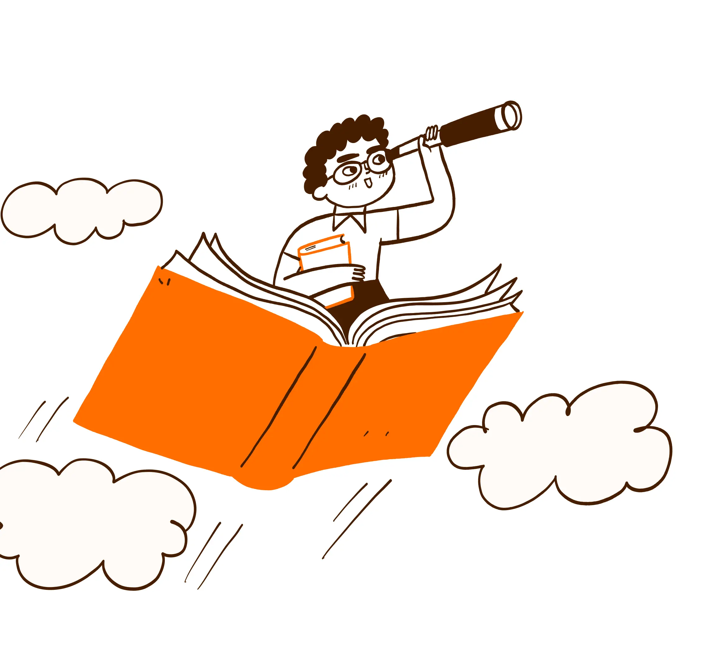 Illustration of a person holding a book and looking through a telescope while riding a large flying book among clouds.