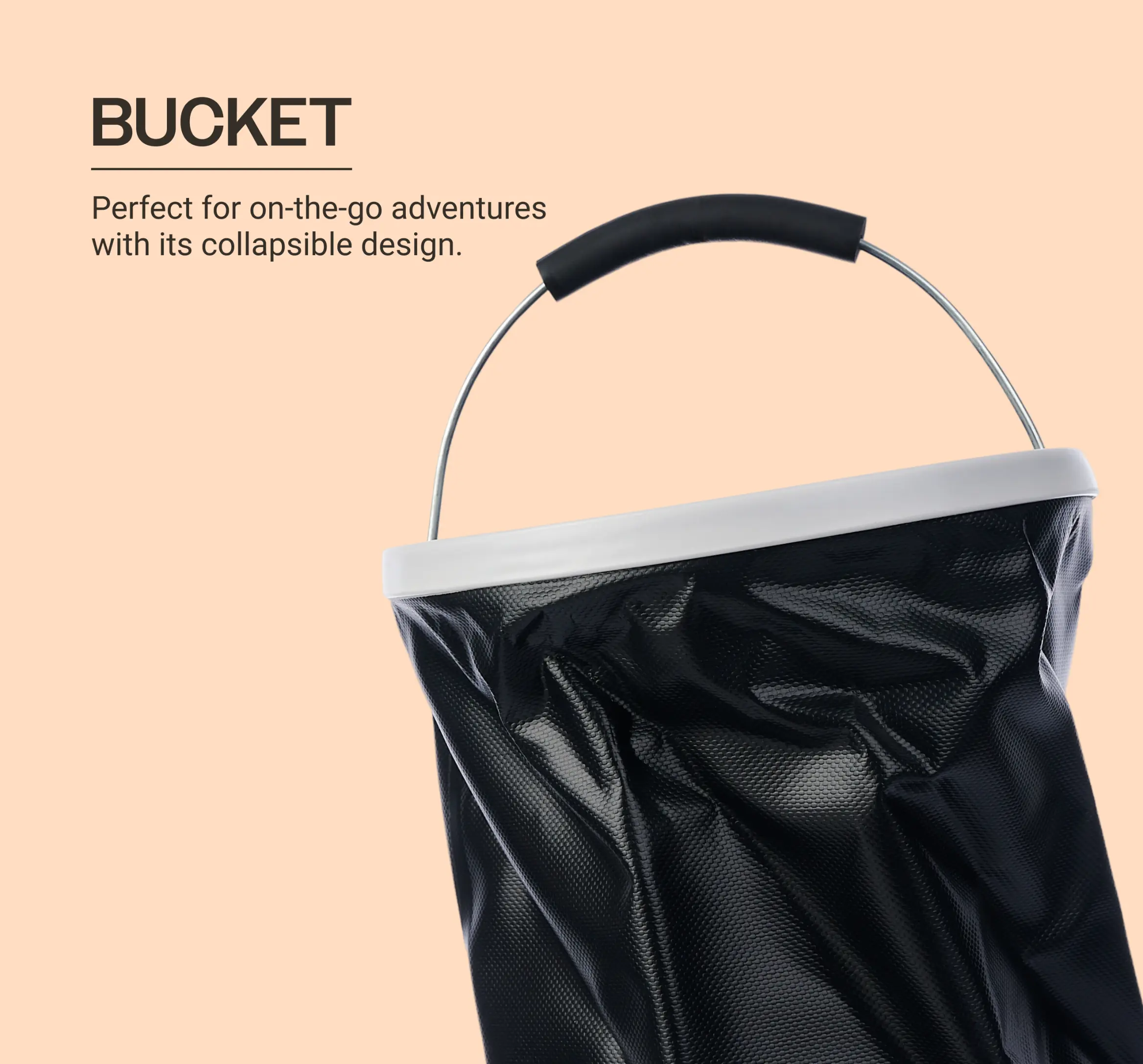 Collapsible black bucket with a white rim and padded handle, ideal for on-the-go adventures.