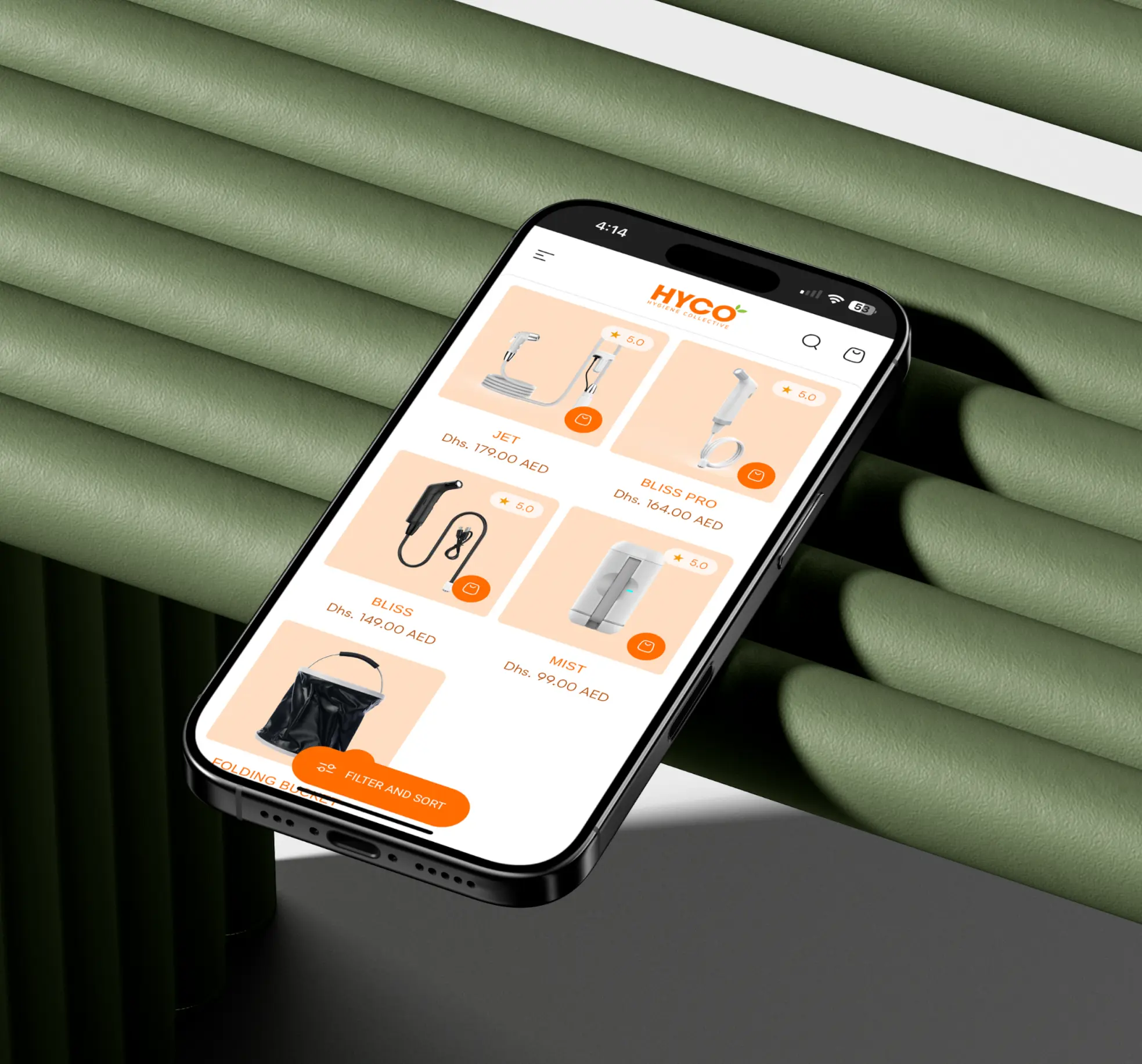 Smartphone displaying Hyco Hygiene Collective app with products Jet, Bliss Pro, Bliss, and Mist listed with prices in AED.