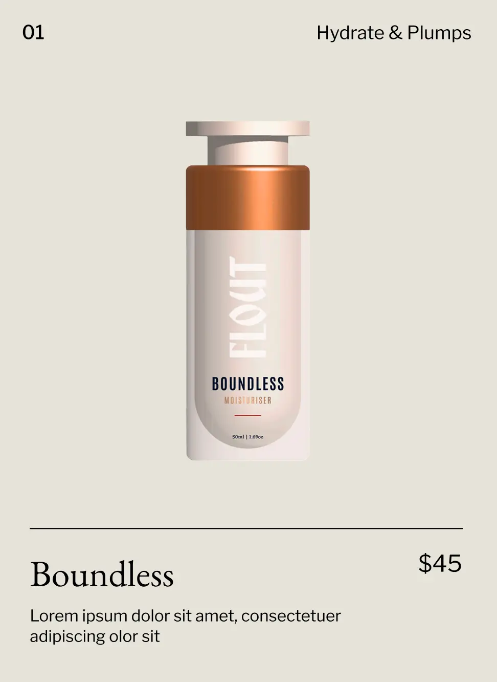 Bottle of Boundless moisturiser with a copper-colored pump on a beige background.