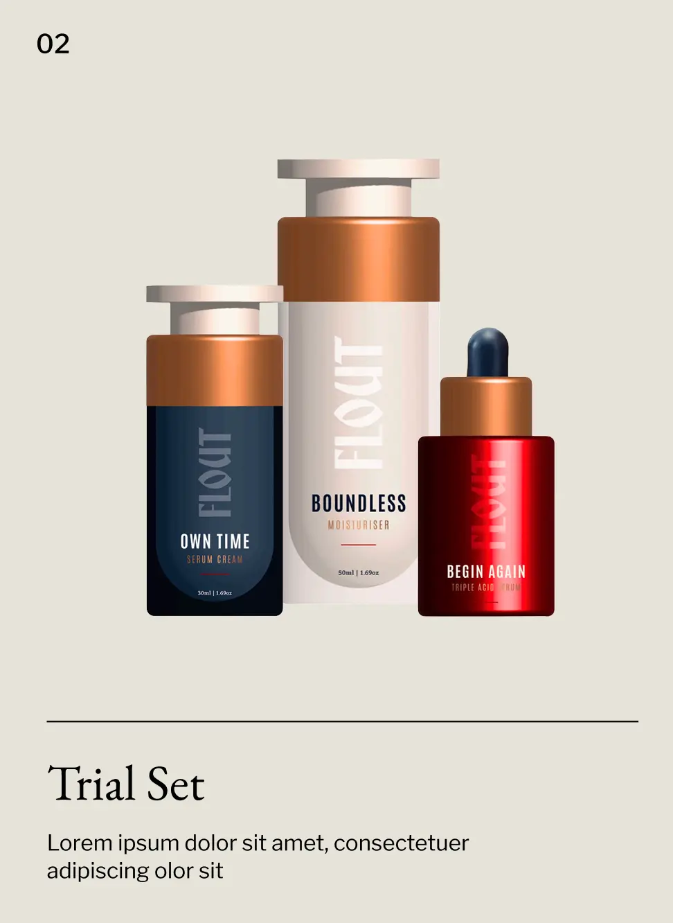 Three skincare bottles labeled Own Time serum cream, Boundless moisturiser, and Begin Again triple acid serum in a trial set.