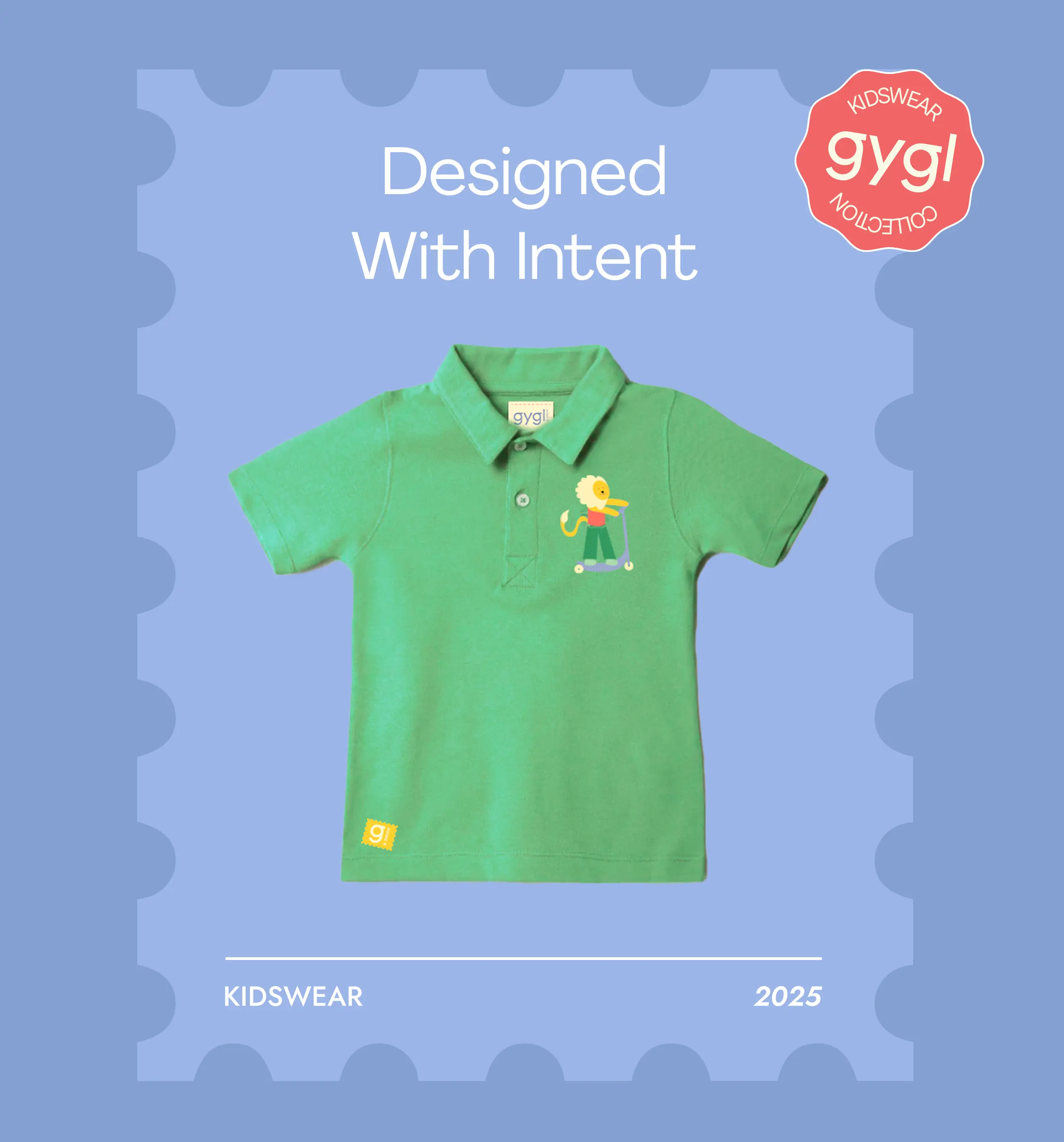 Green kidswear polo shirt with a lion on a scooter graphic, displayed on a blue background with text 'Designed With Intent' and '2025'.