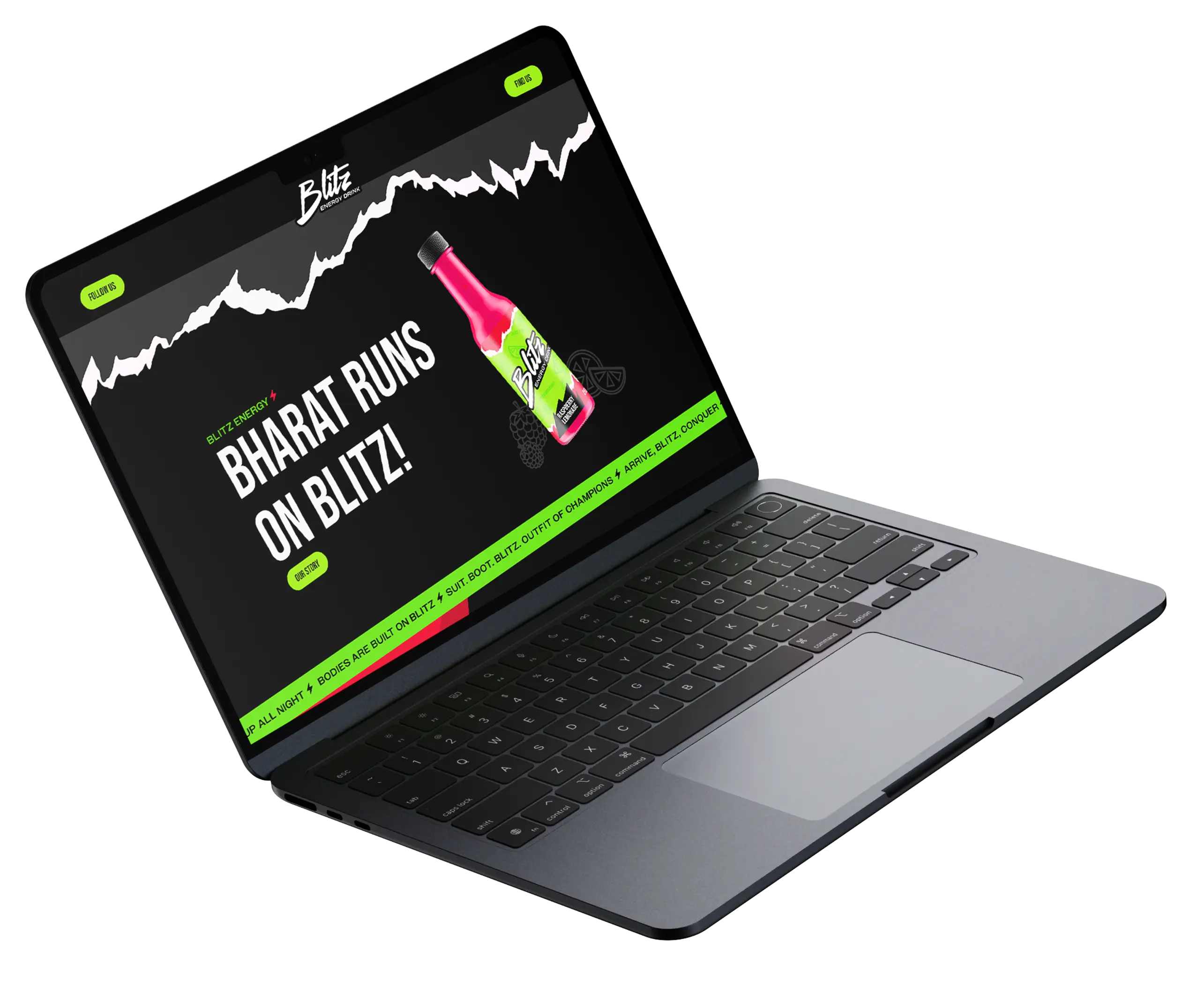 Open laptop displaying Blitz Energy drink website with slogan 'Bharat runs on Blitz!' and a colorful energy drink bottle on screen.