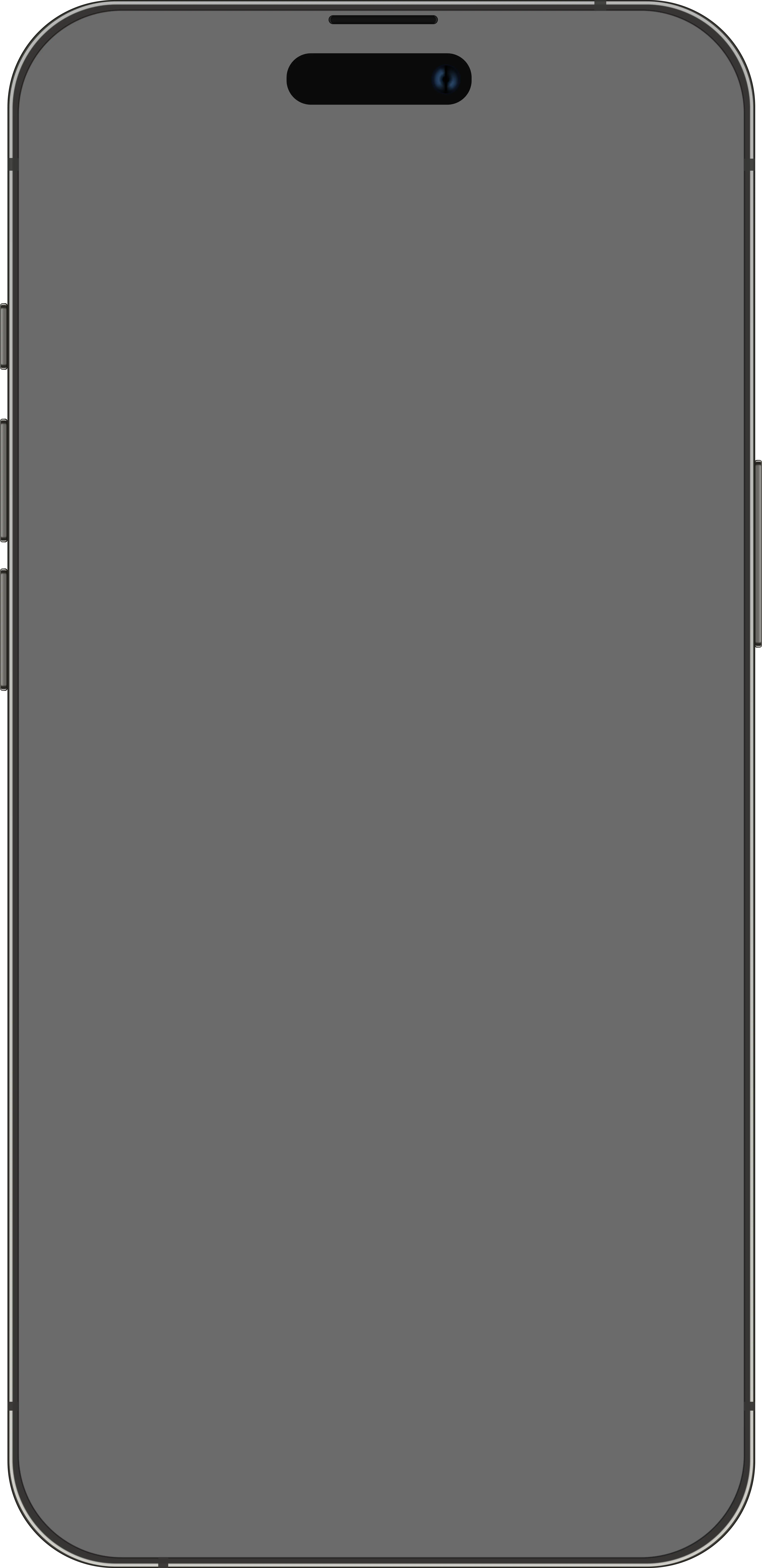 Front view of a black smartphone frame with a blank dark screen and a pill-shaped notch at the top center.