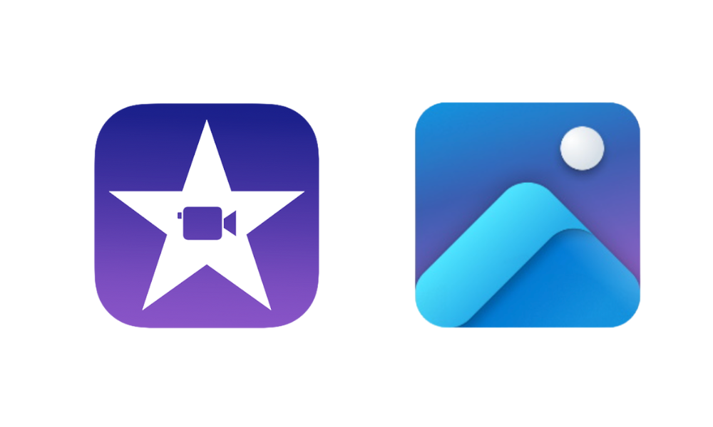 左に紫の星形の中に白いカメラアイコンが配置されたMac iMovieのロゴ、右に青い背景と白い山・太陽のモチーフが描かれたWindows フォトのロゴが並んでいる。