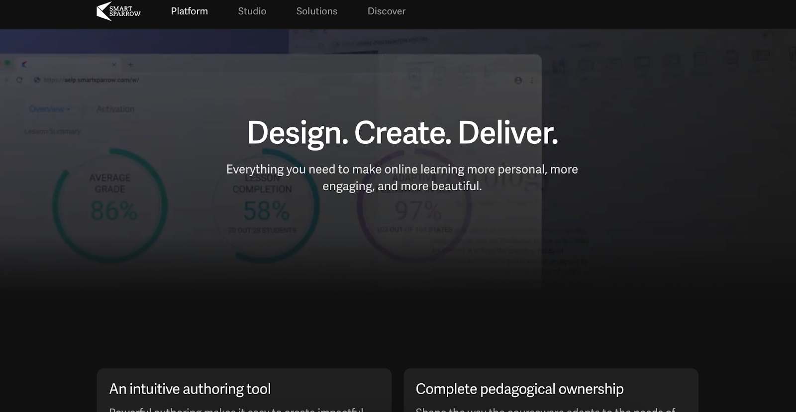 Smart Sparrow のウェブサイトトップページ。海の波の背景に『Inspiring the next wave in digital learning』の文字