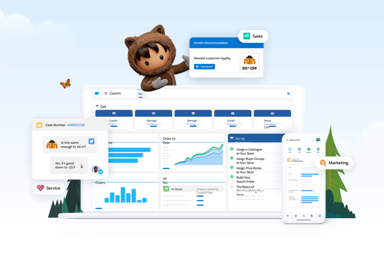 Salesforceのダッシュボード画面を中心に、Sales・Service・Marketingなど各機能の通知やAIレコメンド、チャット対応が吹き出しで表示されているイメージ。マスコットキャラクターがAIによる顧客ロイヤリティ向上提案を示している。
