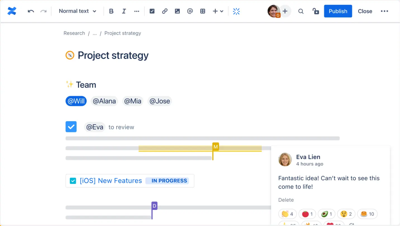 Confluenceの『Project strategy』ページ。チームメンバーがタグ付けされ、@Evaにレビュータスク。右下にEvaのコメントとリアクション絵文字が表示されている。