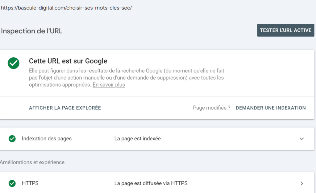 Inspection d'url Google Search Console