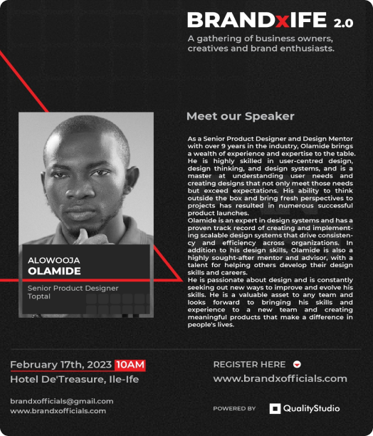 Invitation for Olamide Alowooja's talk at BrandxIfe