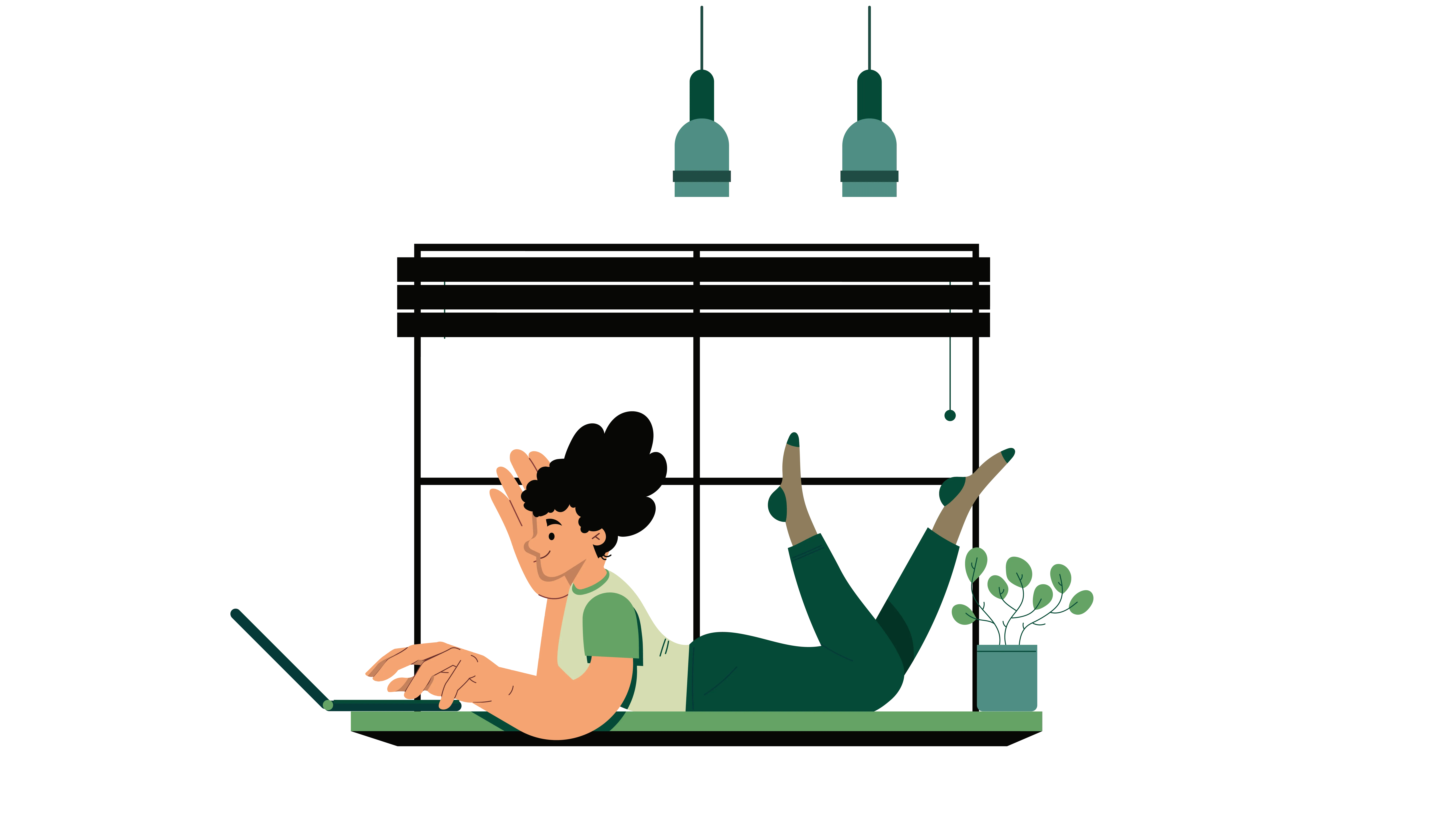 Illustration of a person lying on their stomach using a laptop with hanging lamps and a potted plant nearby.