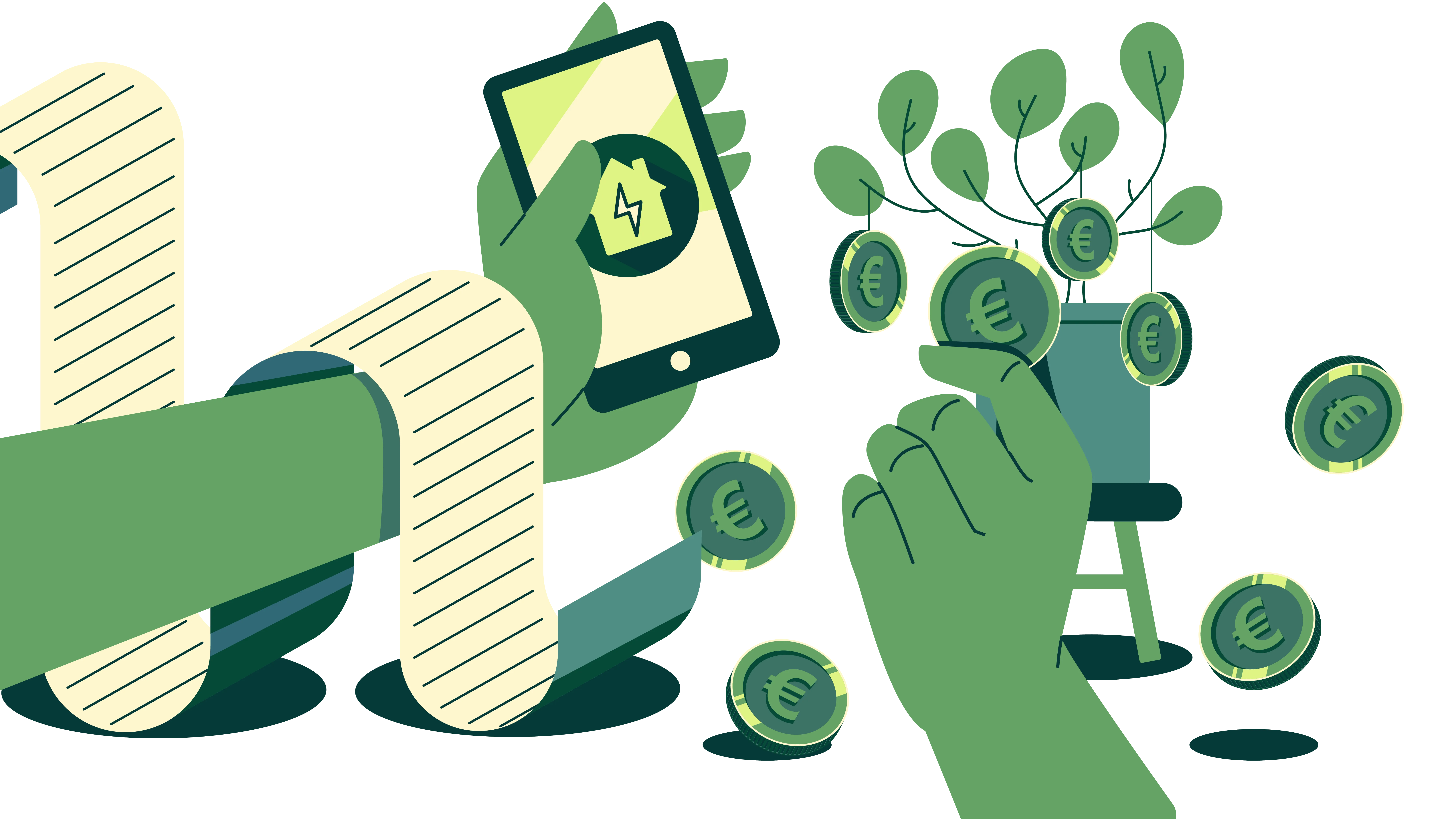 Illustration of a hand holding a smartphone with a home energy app and another hand picking a Euro coin from a money tree with hanging Euro coins.