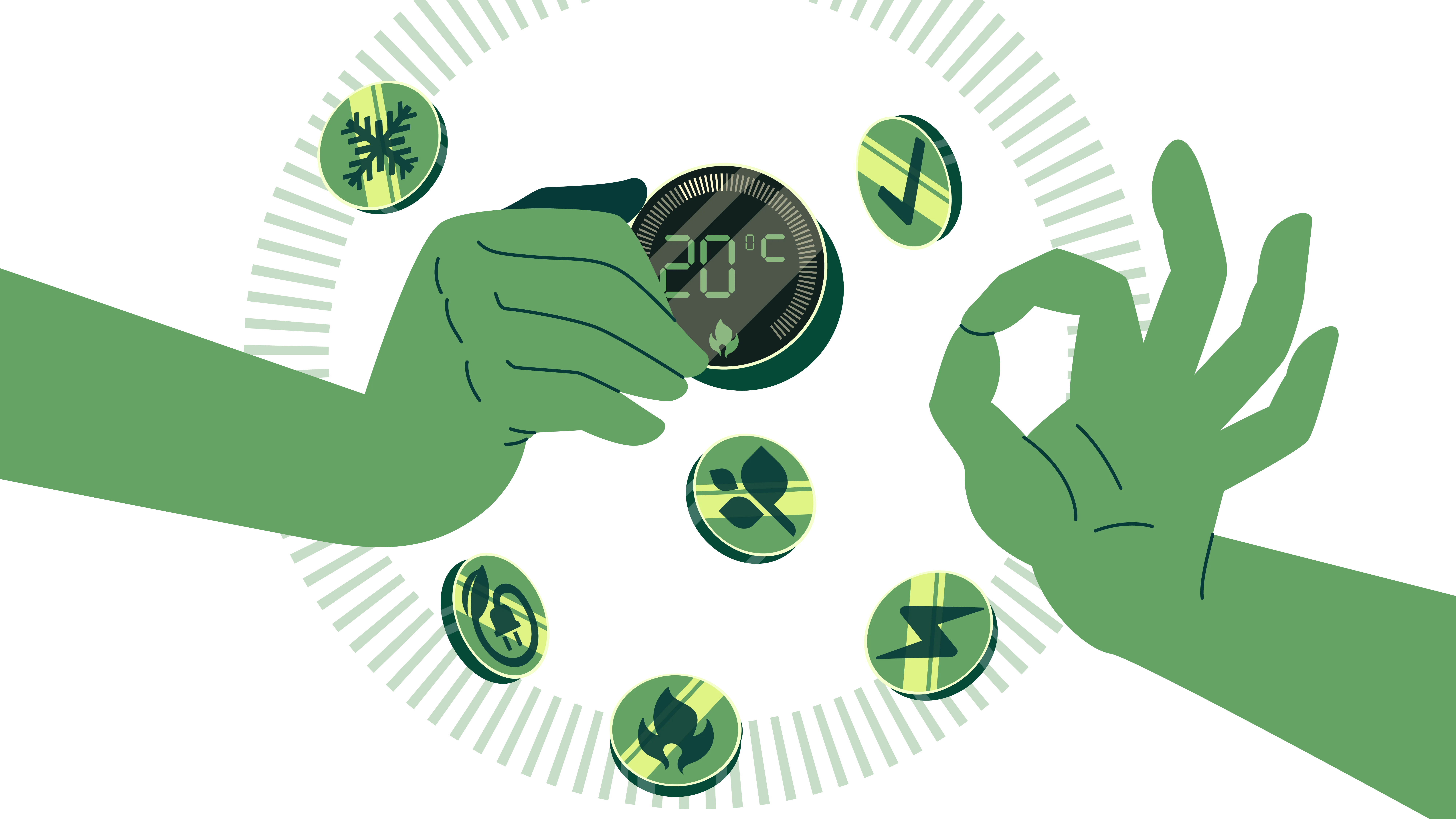 Illustration of two green hands adjusting a digital thermostat set at 20°C, surrounded by icons representing energy and environmental concepts.