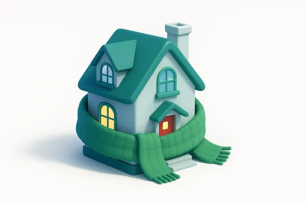 3D huis met een groene sjaal eromheen gewikkeld, symboliseert warmte en huisisolatie.