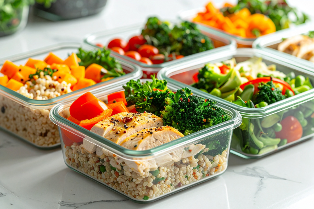 Glass meal prep containers filled with chicken, broccoli, grains, and colorful vegetables on a marble countertop.