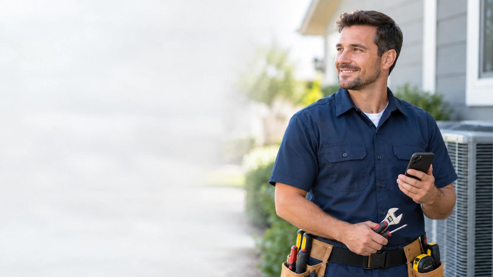 Installer with a phone and tools next to a heat pump outdoor unit