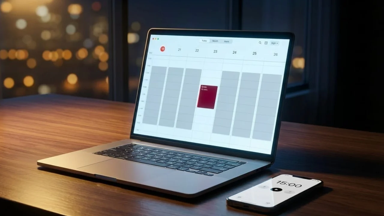 Ordinateur portable affichant un calendrier en ligne pour réserver un rendez-vous de consulting business avec Mike Dejardin