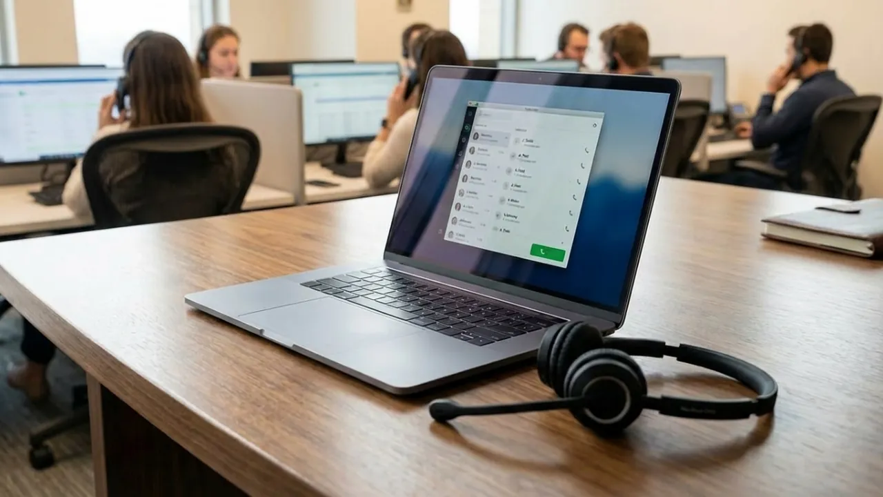 Poste de travail avec ordinateur portable et casque au call center