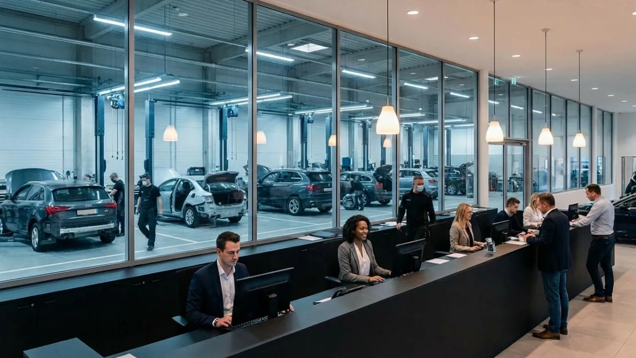 Équipe de service client automobile accueillant les clients au comptoir du garage