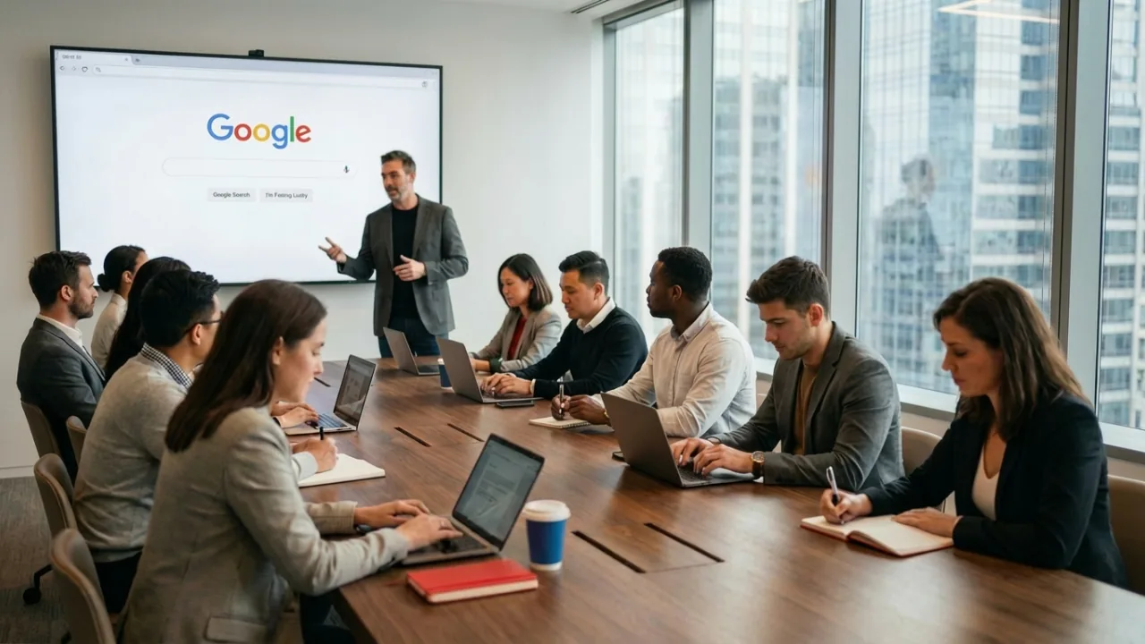 Formation Google Ads en équipe dans une salle de réunion moderne