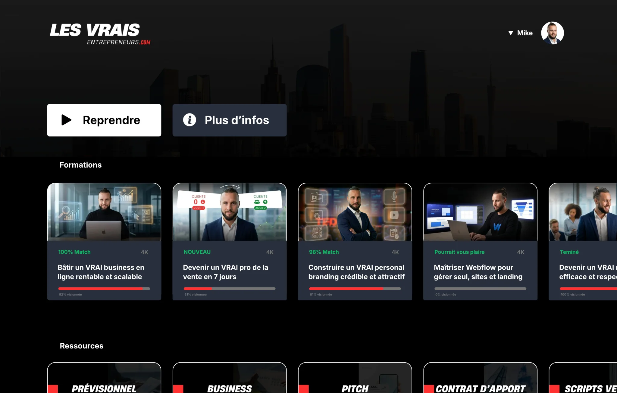 Tableau de bord des formations Élite Plus de Mike Dejardin