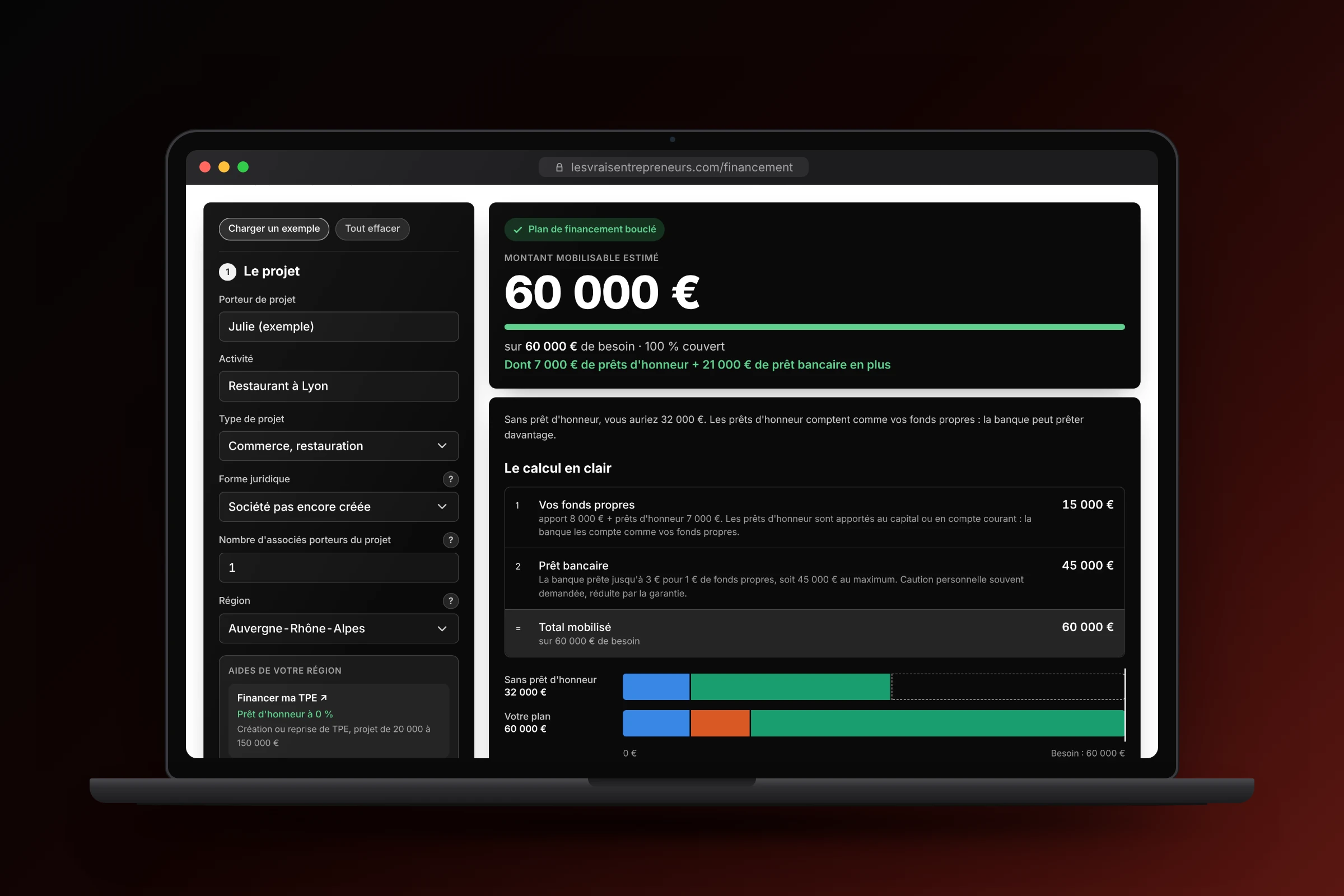 Simulateur de financement Les Vrais Entrepreneurs affiché sur un ordinateur portable