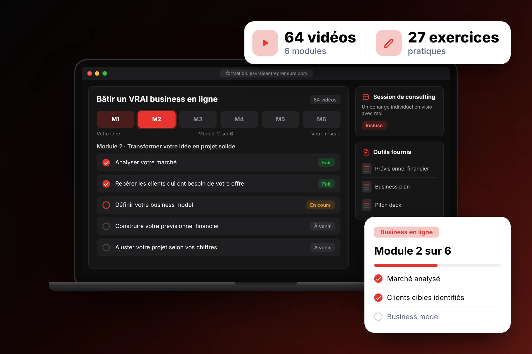Plateforme de la formation business en ligne : parcours en 6 modules, 64 vidéos et 27 exercices