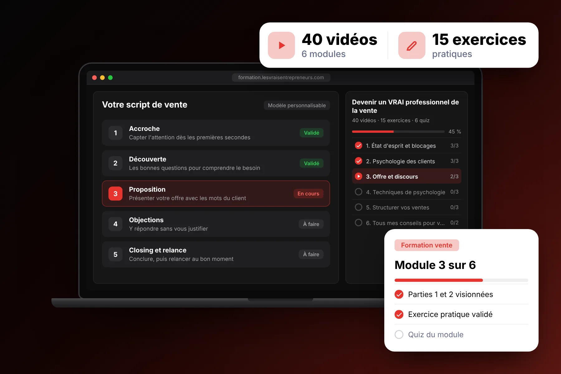 Plateforme de la formation vente : script de vente et modules, 40 vidéos et 15 exercices
