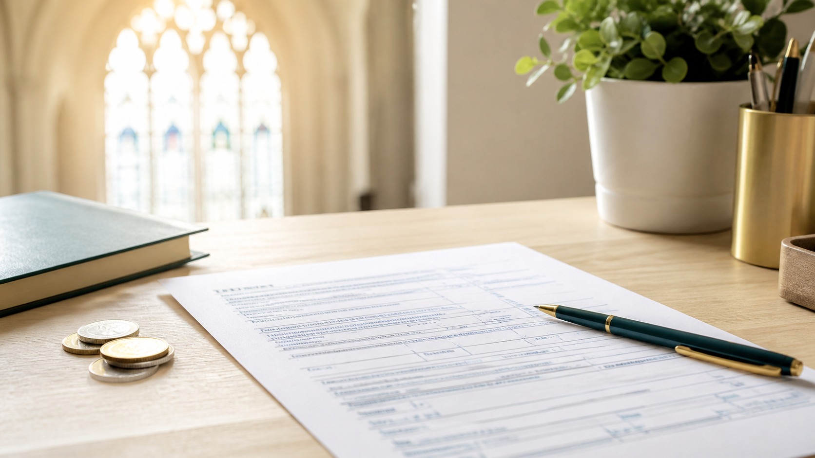 Photo professionnelle d'une table de bureau lumineuse avec un formulaire fiscal, des pièces de monnaie et un stylo, arrière-plan flou avec une fenêtre en arc d'église gothique, lumière naturelle chaleureuse, atmosphère catholique contemporaine, palette beige et teal, style photo épuré