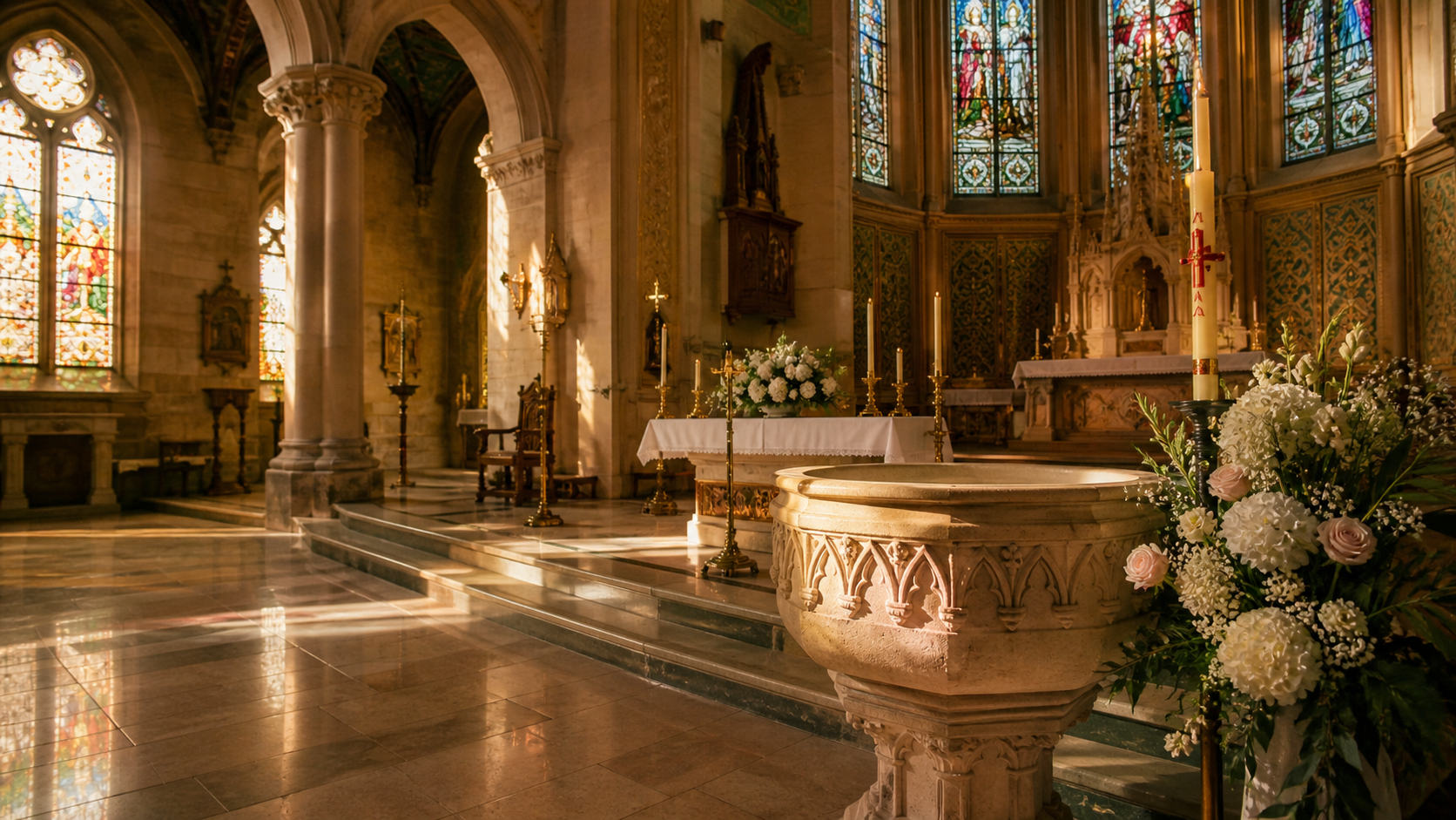Photographie chaleureuse d'un intérieur d'église catholique française lors d'un baptême ou d'un mariage. Lumière naturelle filtrée par des vitraux colorés, tons dorés et teal doux. Baptistère, bénitier ou autel visible. Atmosphère paisible et accueillante, sans personnes visibles. Style photographie d'art contemporain, format paysage 16:9, 1600x900px.
