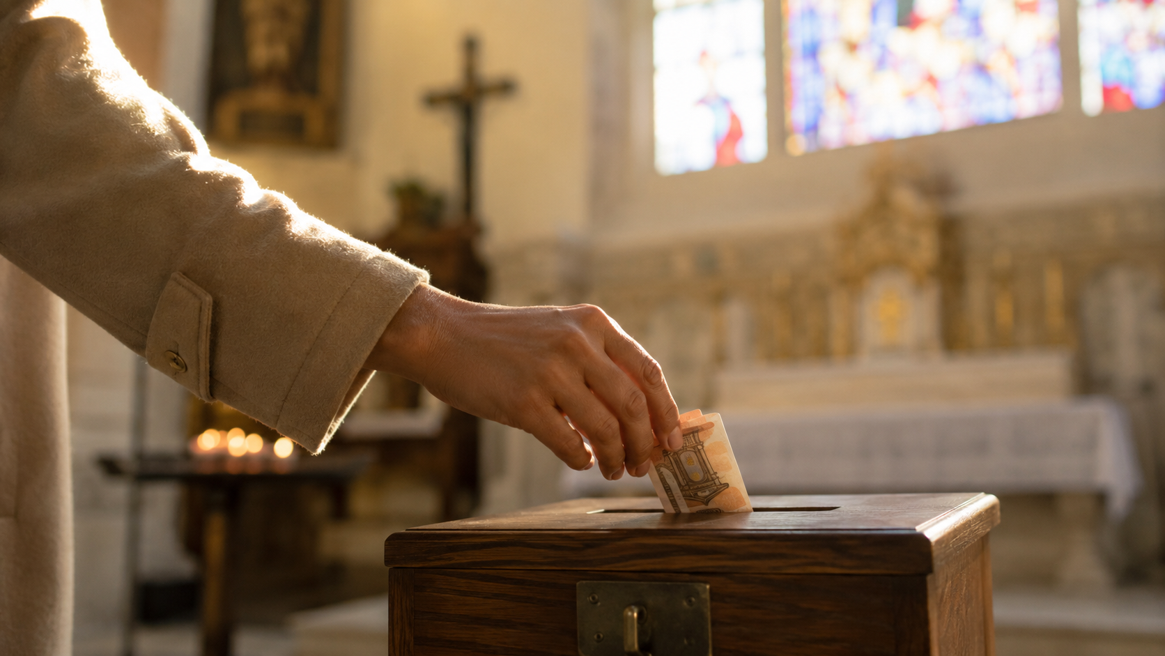 A hand gently placing a folded banknote in a small wooden offering box inside a softly lit Catholic church, warm golden light through stained glass, serene and peaceful atmosphere, close-up shot, no visible faces, photorealistic, editorial photography style, natural morning light.