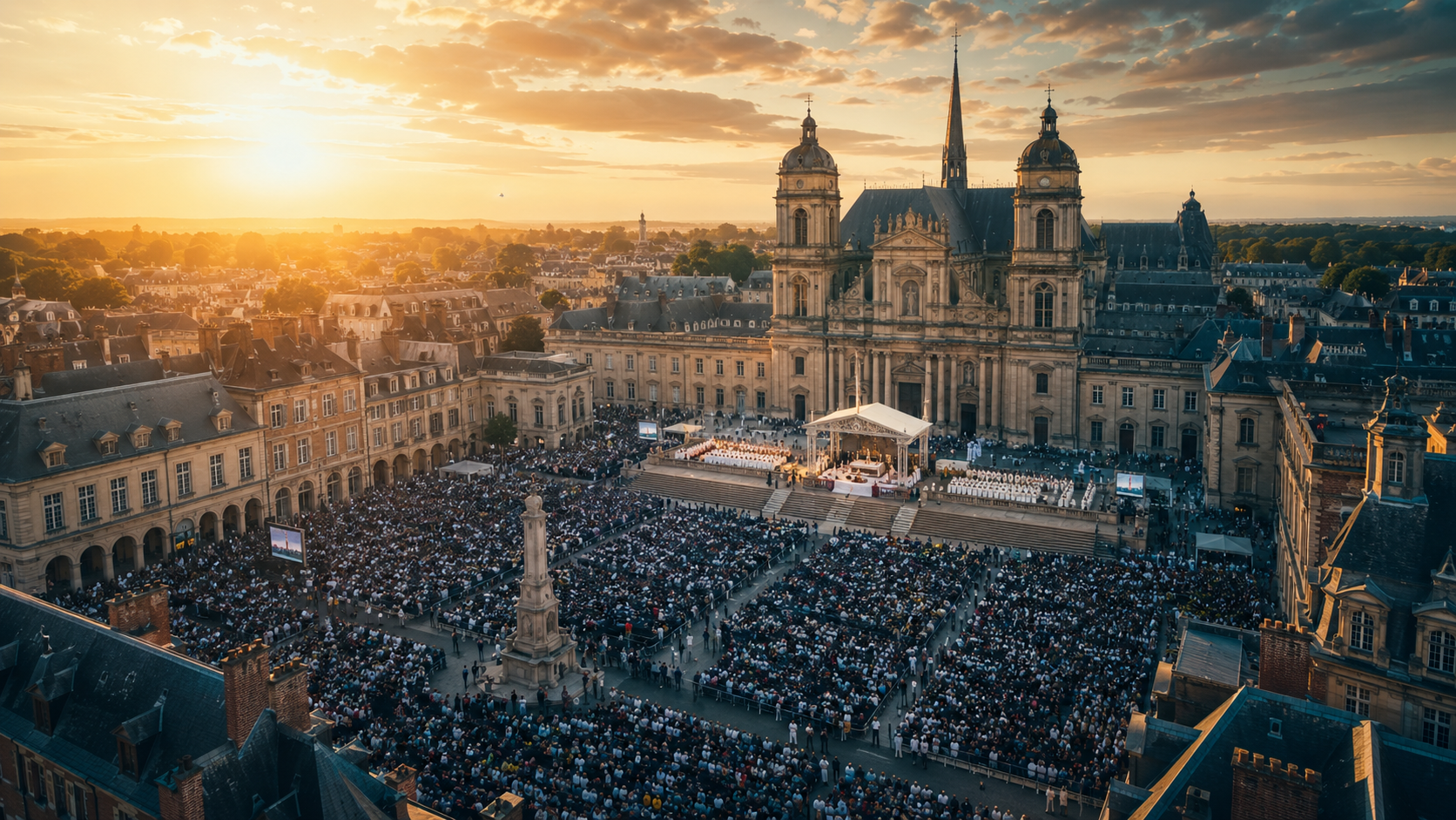 Editorial photography, aerial view of a vast French cathedral square filled with faithful gathered for a papal mass, warm golden afternoon light, teal and amber color palette, no individual faces identifiable, 1600x900px, photorealistic