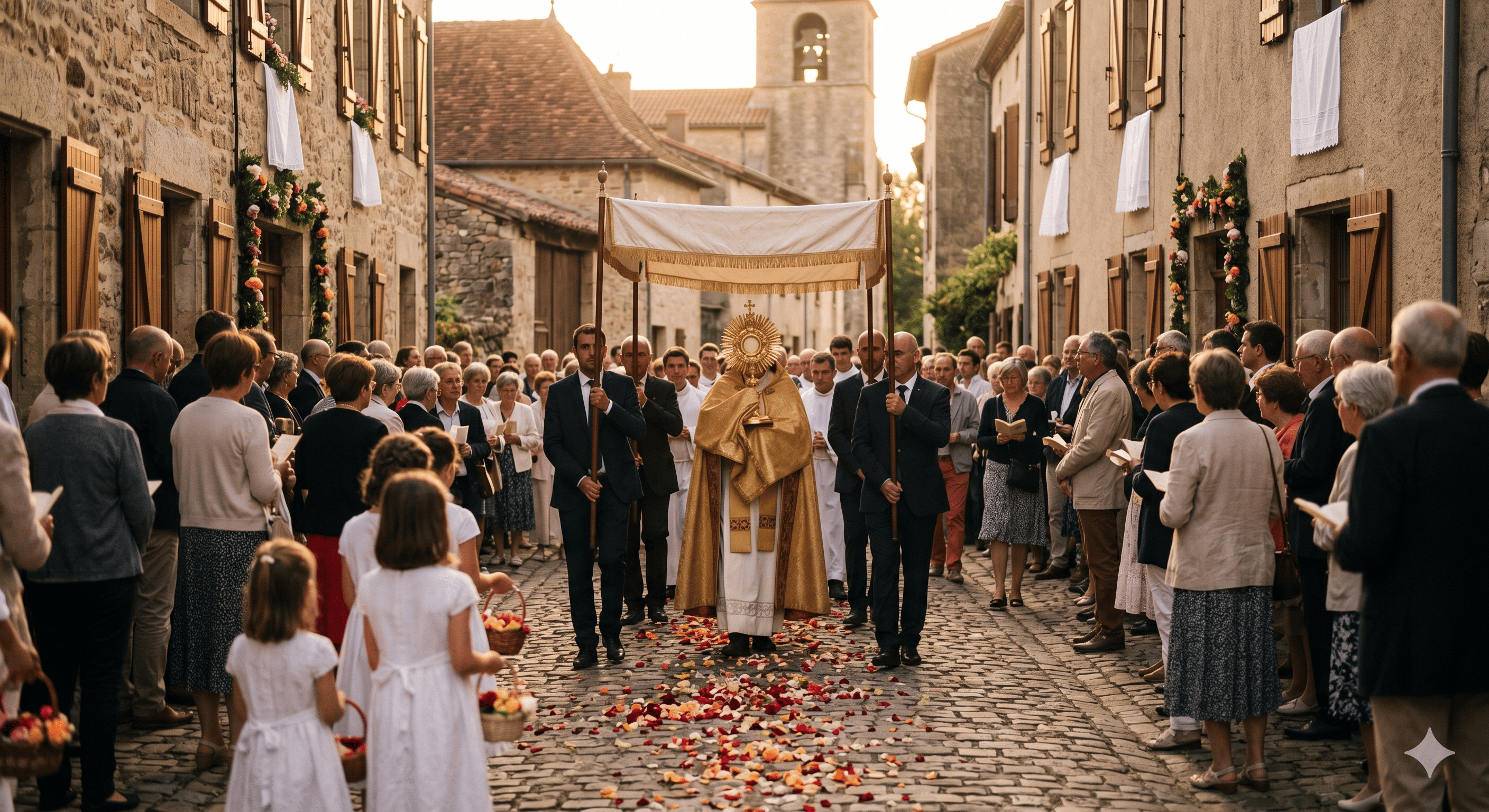 A Corpus Christi procession in a French village street, late afternoon golden light, priest carrying a golden monstrance, flower petals on old cobblestones, a crowd of parishioners in background, warm amber tones, no identifiable faces, photorealistic