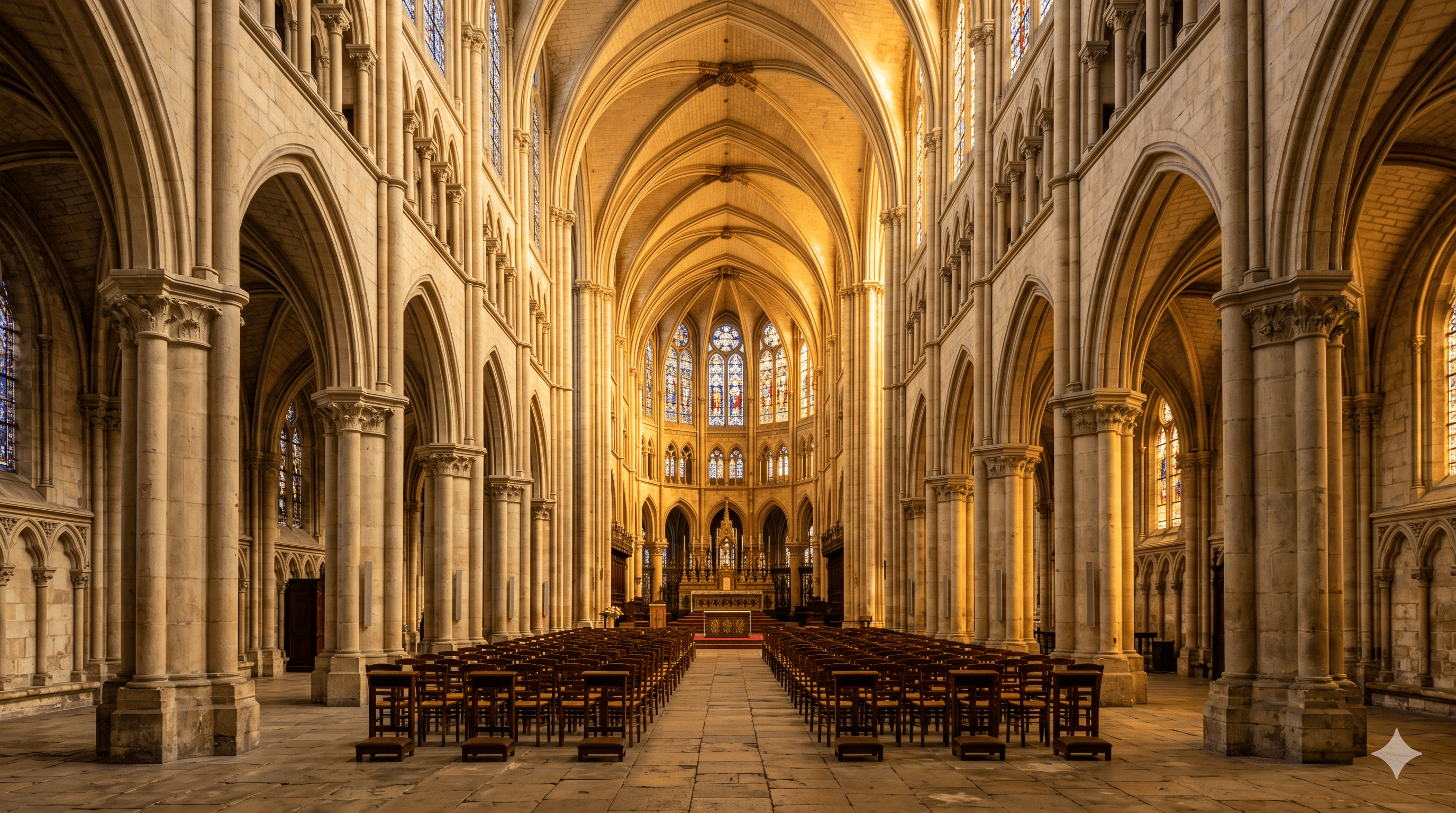 Intérieur d'une cathédrale gothique française baignée d'une lumière dorée de fin d'après-midi, vitraux colorés en arrière-plan, perspective centrale sur la nef vide, atmosphère solennelle et lumineuse, photographie d'architecture réaliste, cadrage horizontal format blog, pas de personnes