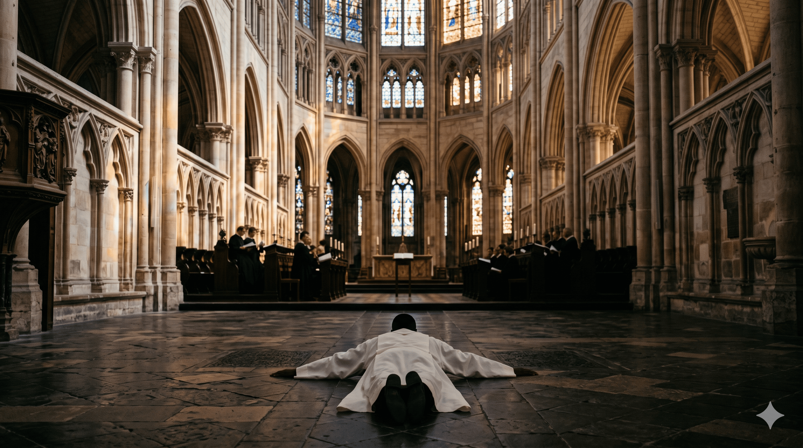 Intérieur d'une cathédrale française gothique, lumière d'été filtrant par les vitraux en bleu et or, silhouette d'un homme allongé en aube blanche sur les dalles de pierre noire, bras étendus en croix, schola visible en arrière-plan flou, atmosphère de recueillement intense. Tons chauds, teal et ivoire. Format 1600x900. Style photoréaliste, aucun visage distinct.